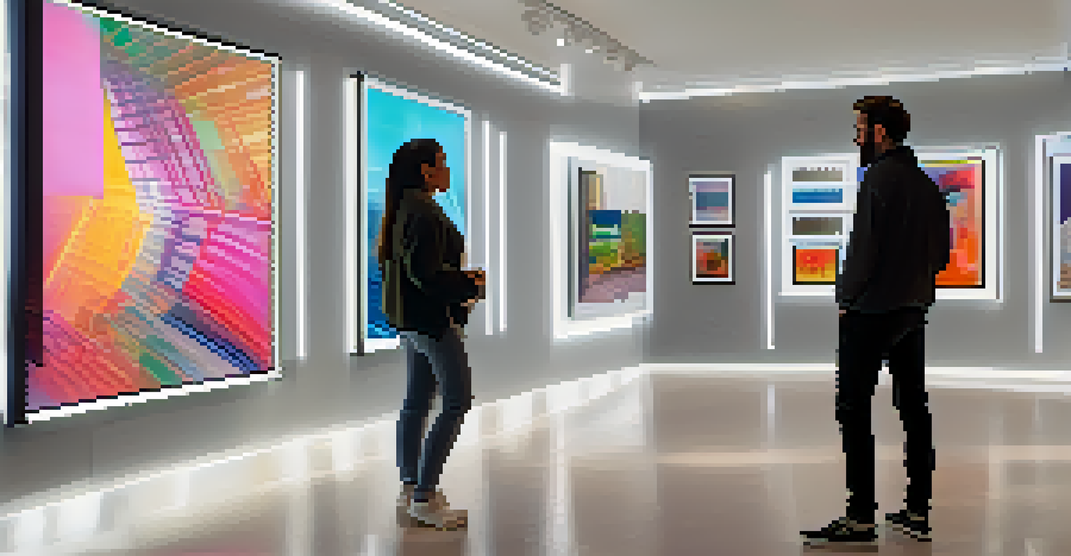 A modern digital gallery showcasing various unique NFTs with soft lighting and a couple admiring the art.