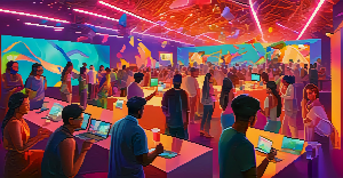A diverse group of people at a charity event, interacting with digital art NFTs on screens, surrounded by colorful abstract shapes.