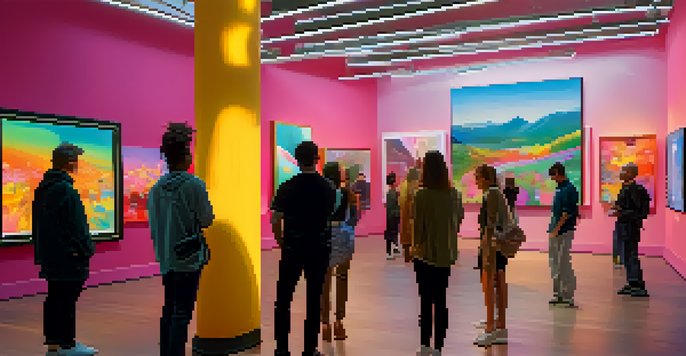 A digital art gallery filled with colorful NFTs on display, with visitors admiring the artworks.