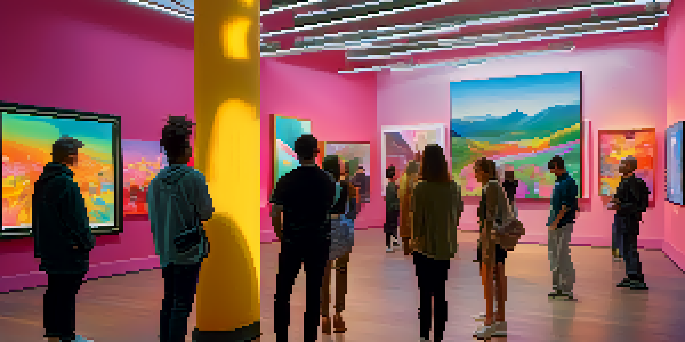 A digital art gallery filled with colorful NFTs on display, with visitors admiring the artworks.