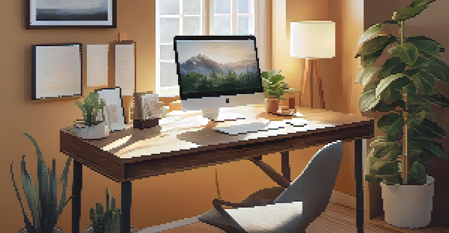 An office space featuring a wooden desk, a laptop displaying a digital will, potted plants, and a family photo, bathed in soft natural light.