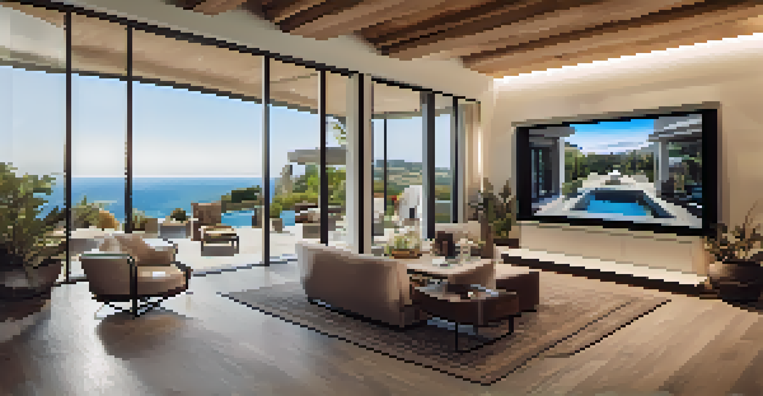 A virtual reality tour interface on a screen showing a luxurious home with interactive room views.
