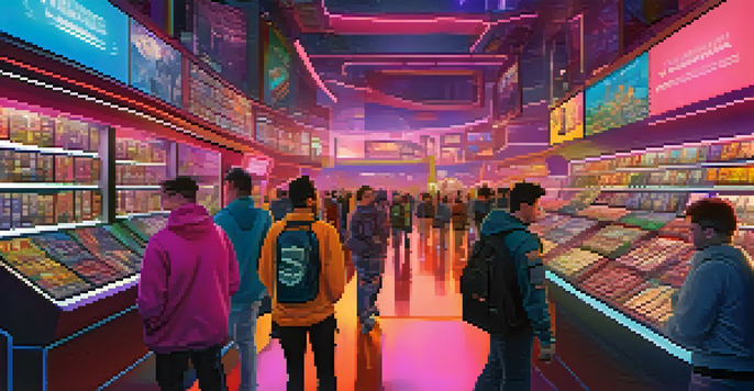 A lively virtual marketplace where players are trading unique digital assets in a colorful environment.