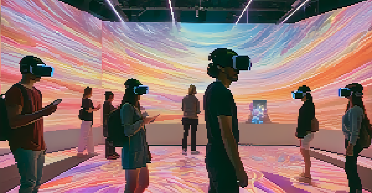 Users in a virtual reality environment exploring floating digital art pieces in an immersive landscape.