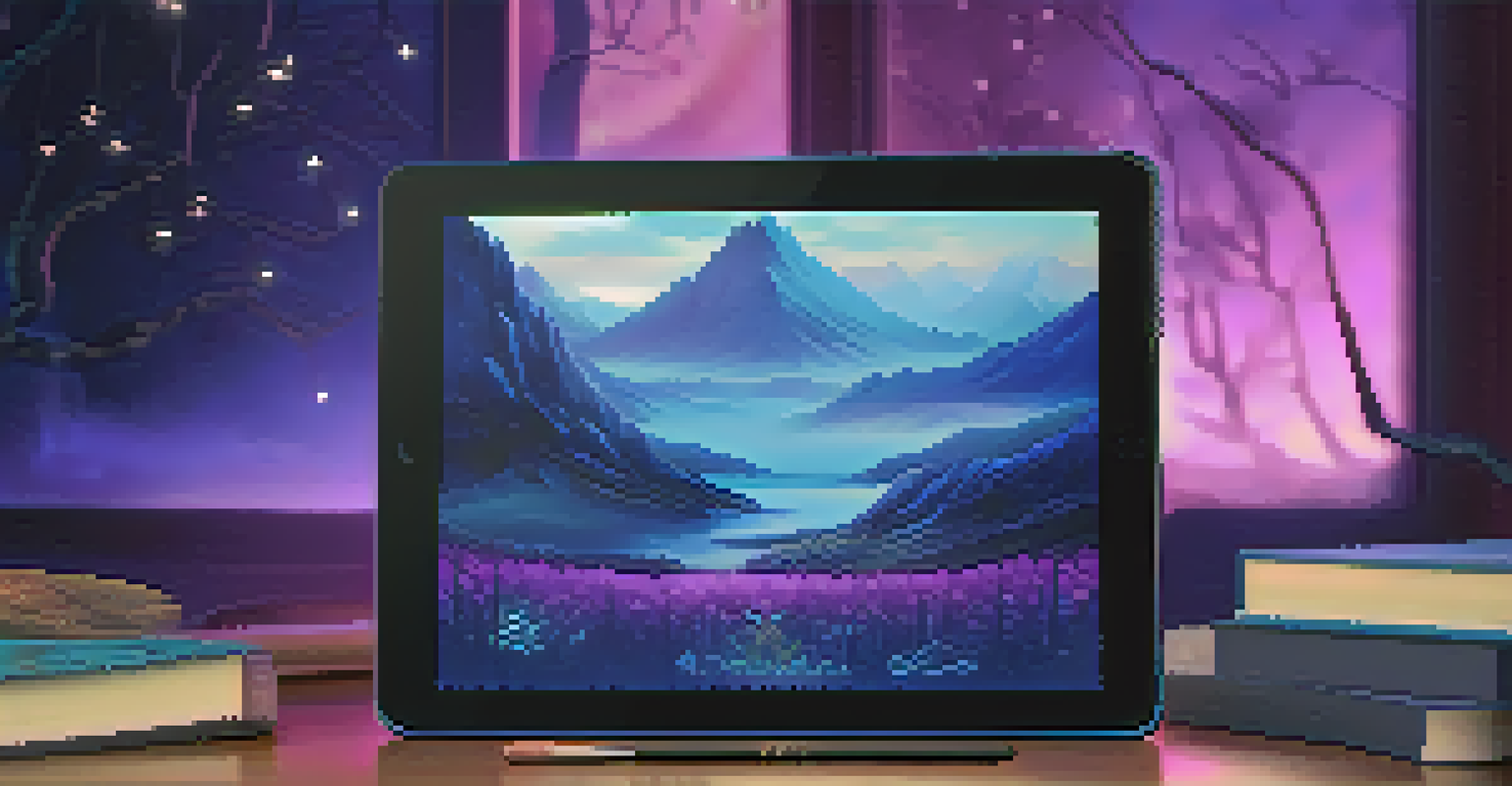 A digital tablet showcasing an animated NFT of a fantasy book cover against a soft gradient background.