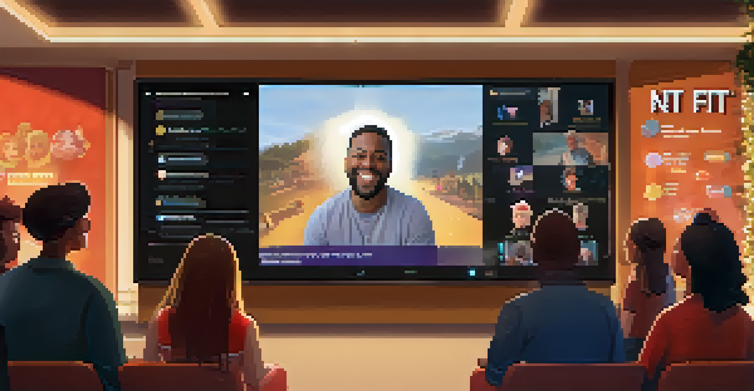 A virtual event for NFT creators with a presenter on stage and animated graphics of NFTs in the background.