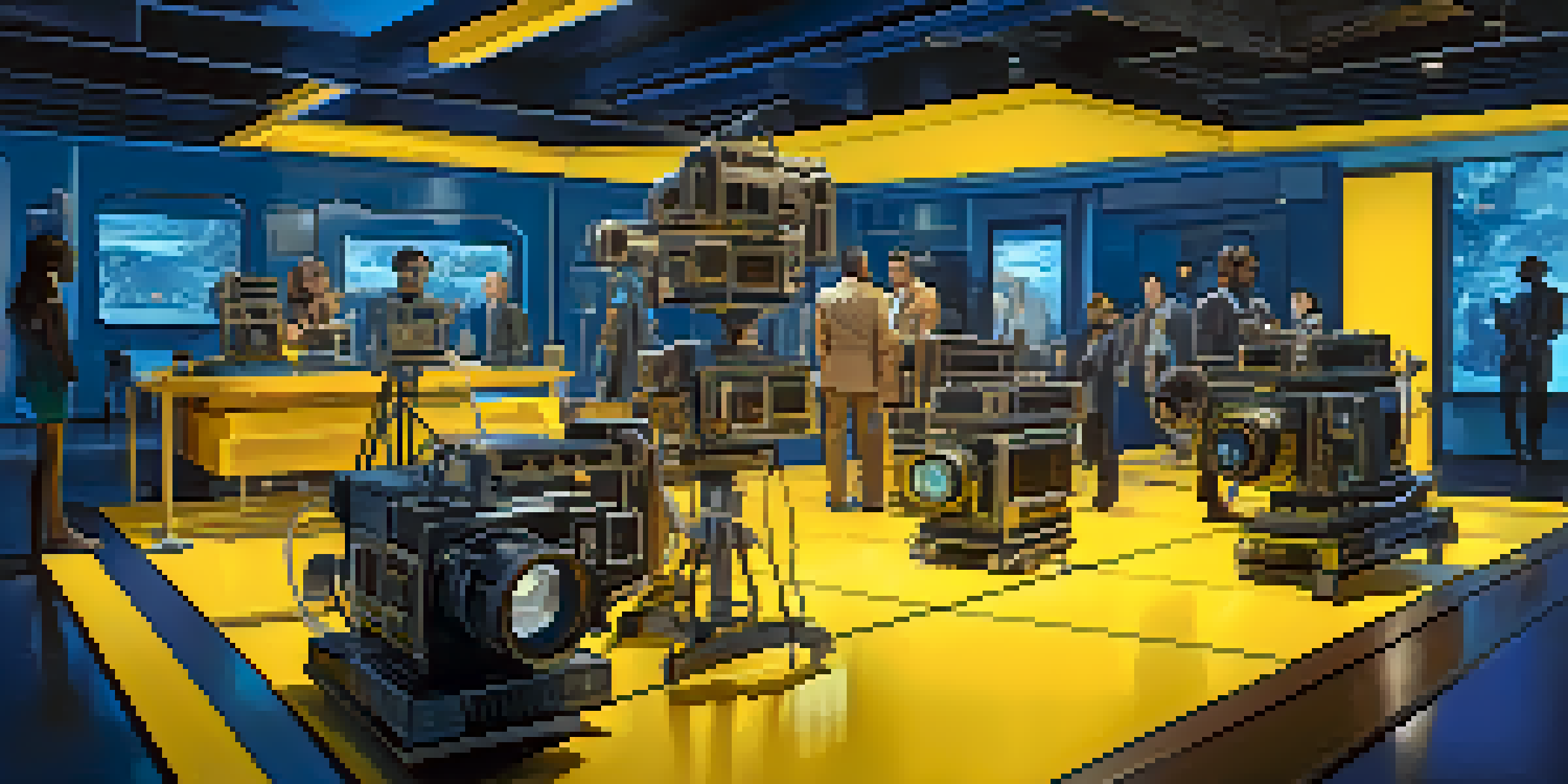 A futuristic film set with filmmakers and actors discussing, illuminated by warm lights.