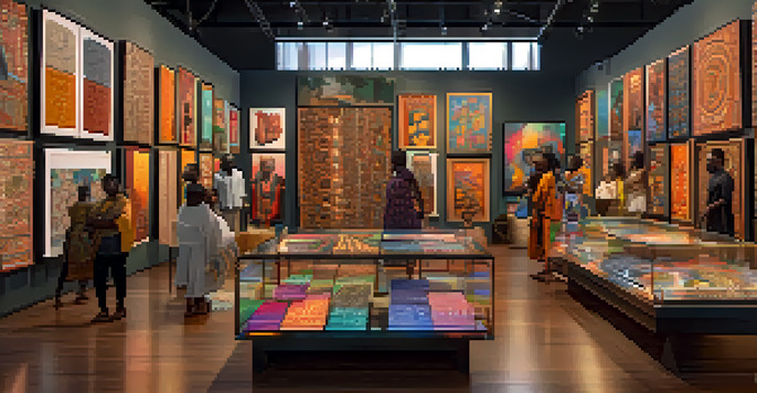A digital marketplace featuring African art NFTs, with artists displaying their work on screens in a colorful and inviting gallery.