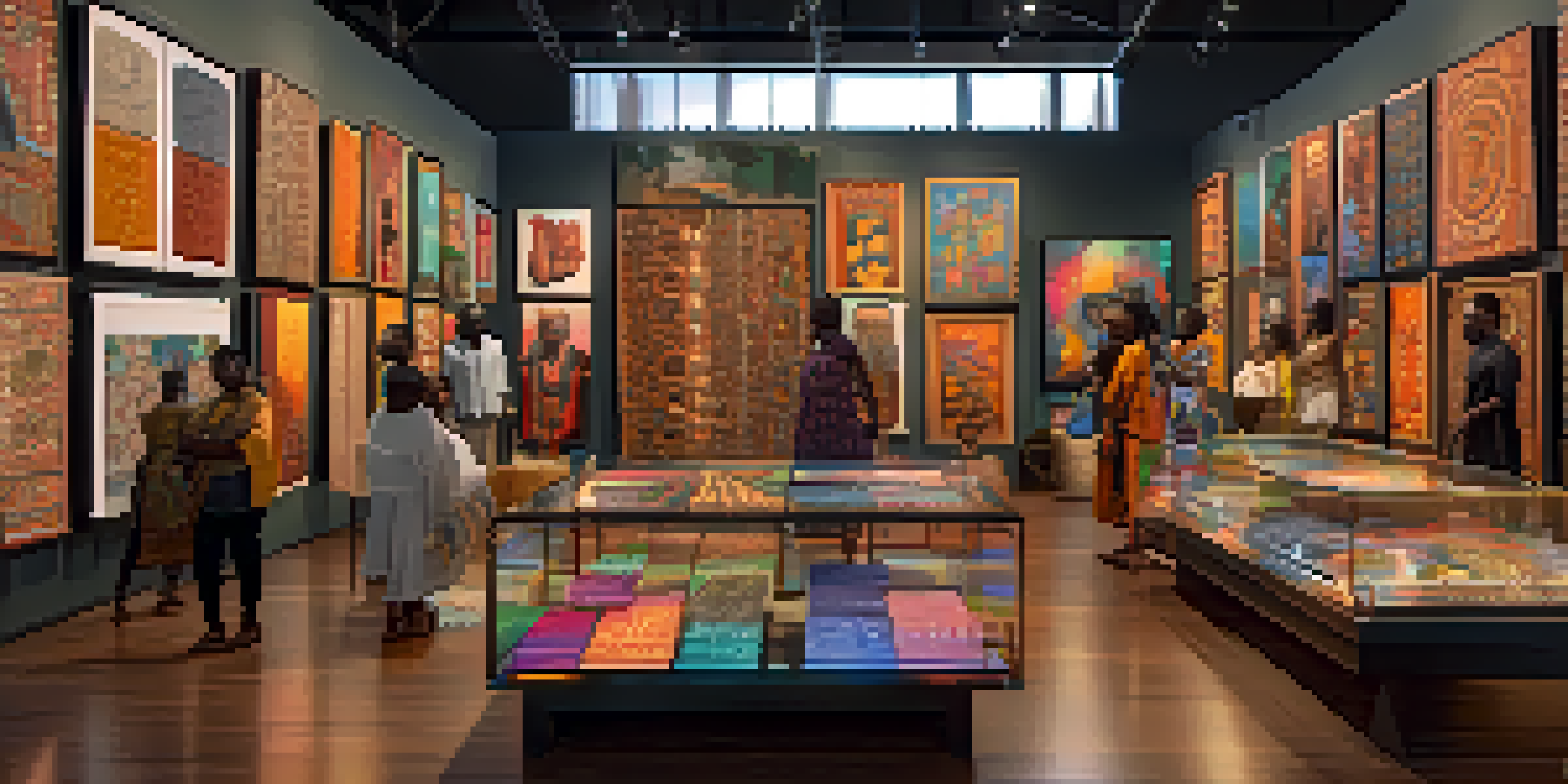 A digital marketplace featuring African art NFTs, with artists displaying their work on screens in a colorful and inviting gallery.