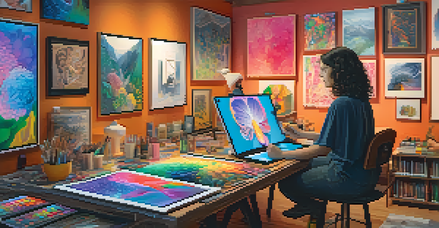 An artist's studio showcasing unique digital artworks and an artist examining a digital tablet displaying an NFT.