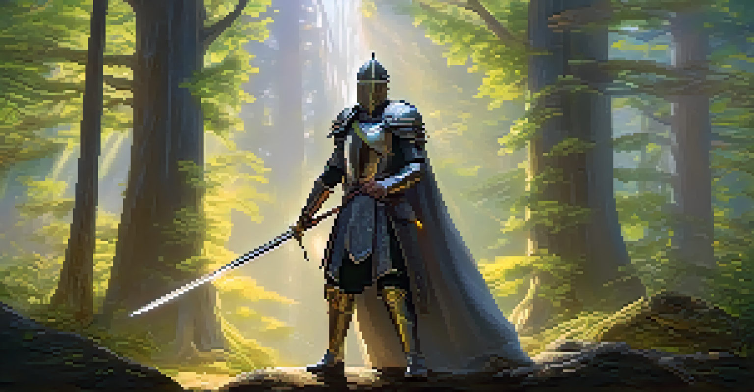 A fantasy landscape with a player holding a glowing rare sword NFT in a mystical forest, with sunlight filtering through the trees.
