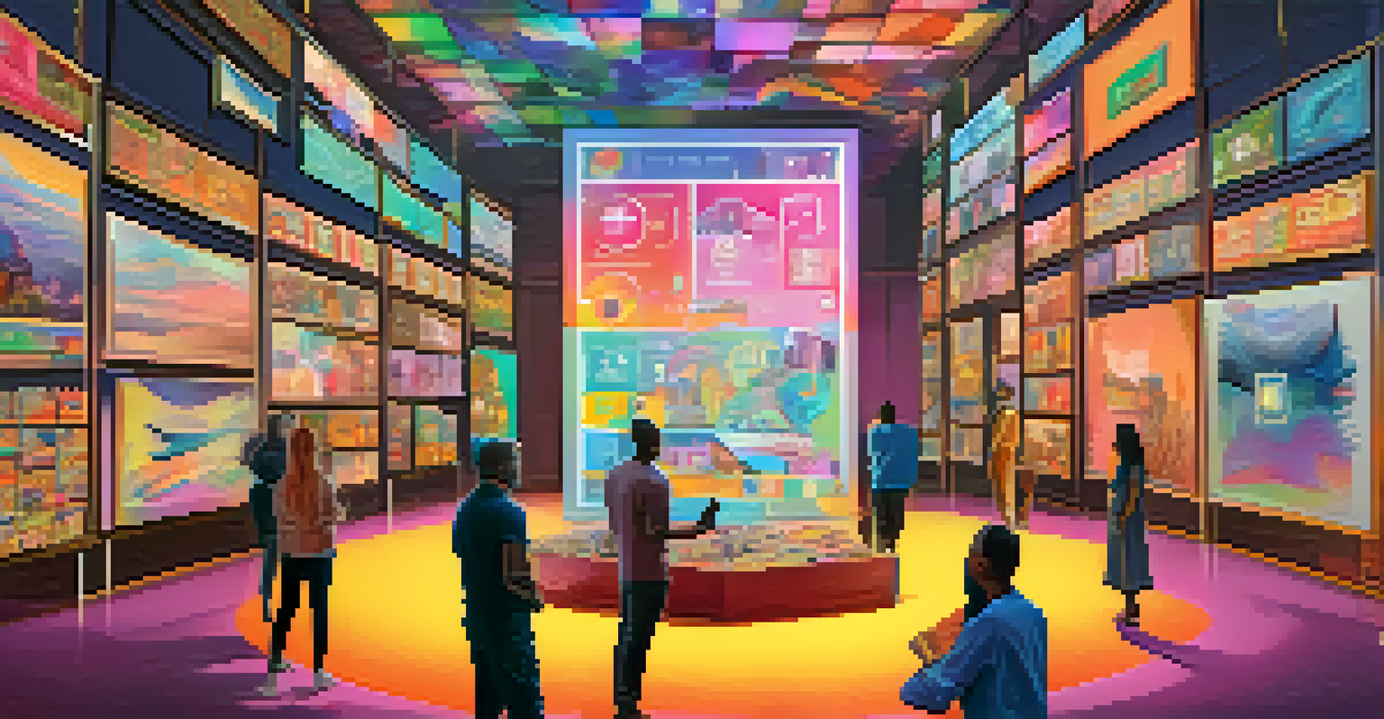A digital artwork divided into segments, symbolizing fractional ownership, with collectors discussing in a vibrant marketplace.