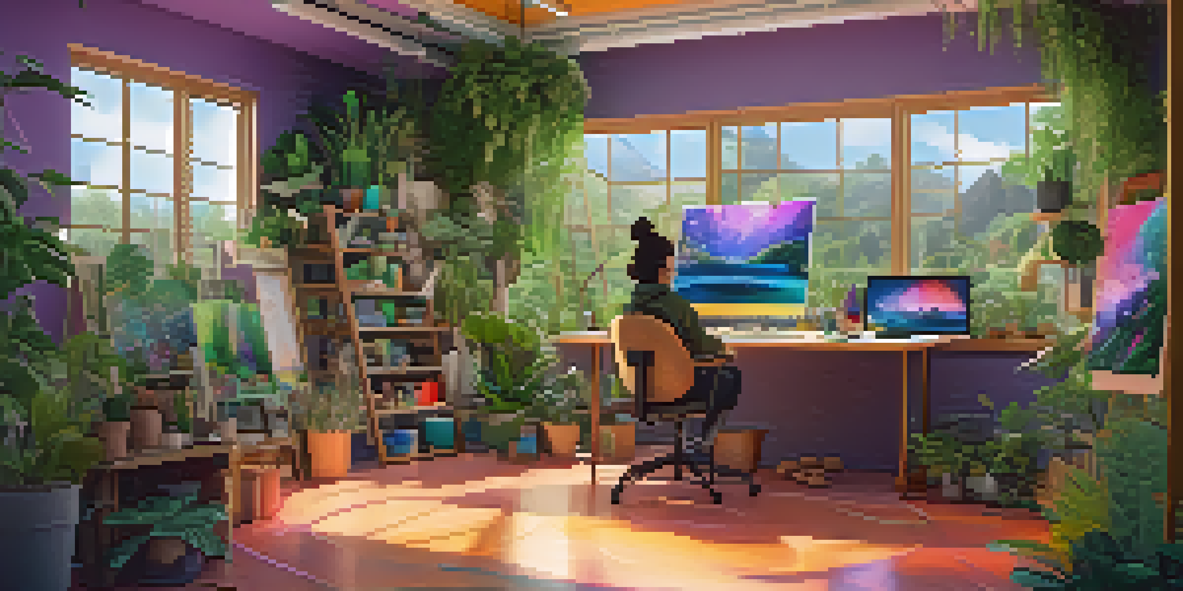 An artist in a colorful digital studio creating NFT art, surrounded by plants and eco-friendly materials.