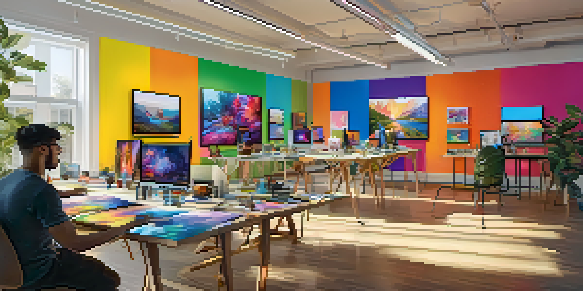 A digital art studio with artists working together on NFT projects, featuring colorful artworks and bright natural light.