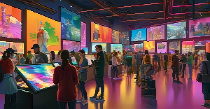 A diverse group of artists and collectors in a digital art marketplace engaging with NFTs on devices, with colorful screens and a warm atmosphere.