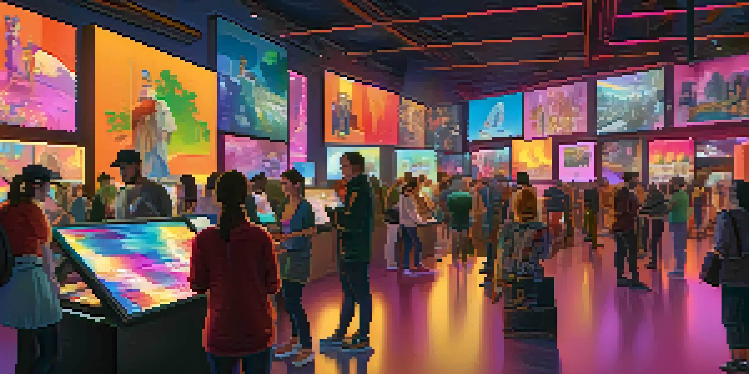 A diverse group of artists and collectors in a digital art marketplace engaging with NFTs on devices, with colorful screens and a warm atmosphere.