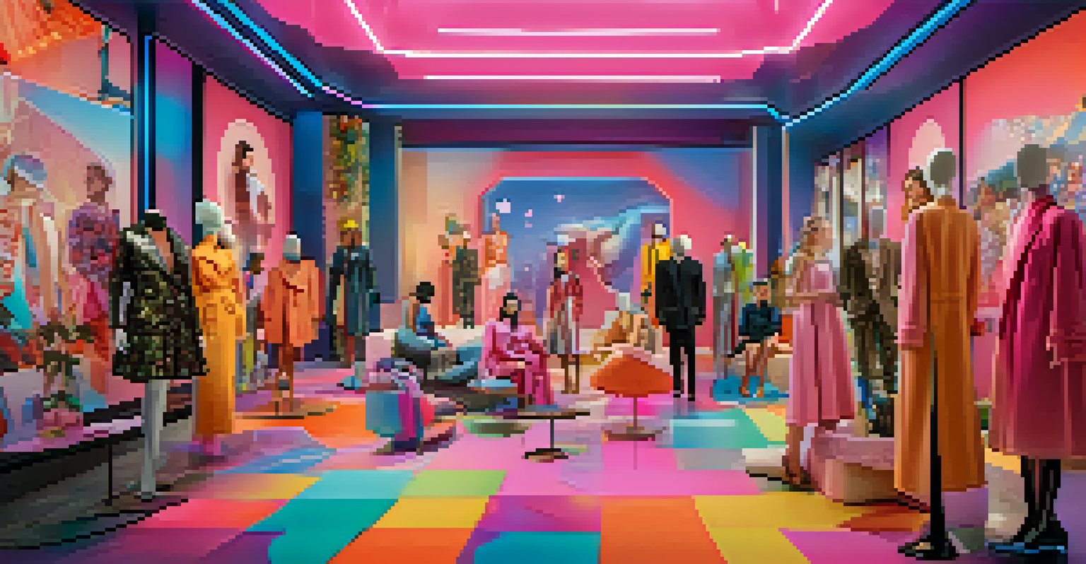 A virtual community of diverse individuals discussing luxury fashion NFTs in a colorful space.