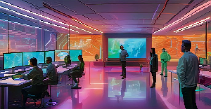 A futuristic research lab with diverse researchers collaborating over holographic screens showcasing NFTs.