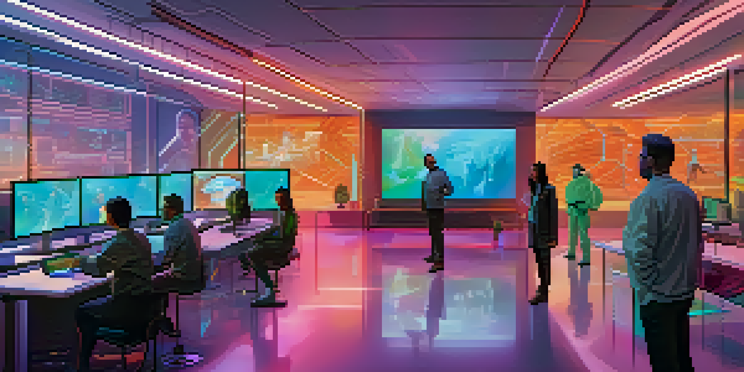 A futuristic research lab with diverse researchers collaborating over holographic screens showcasing NFTs.