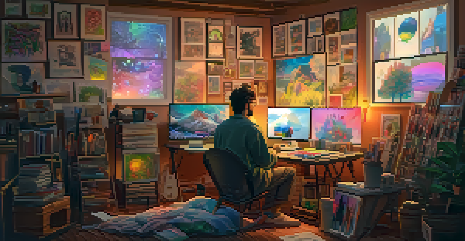 An artist in a cozy studio, working on a digital artwork for NFTs, surrounded by art supplies and sketches, with a glowing computer screen.
