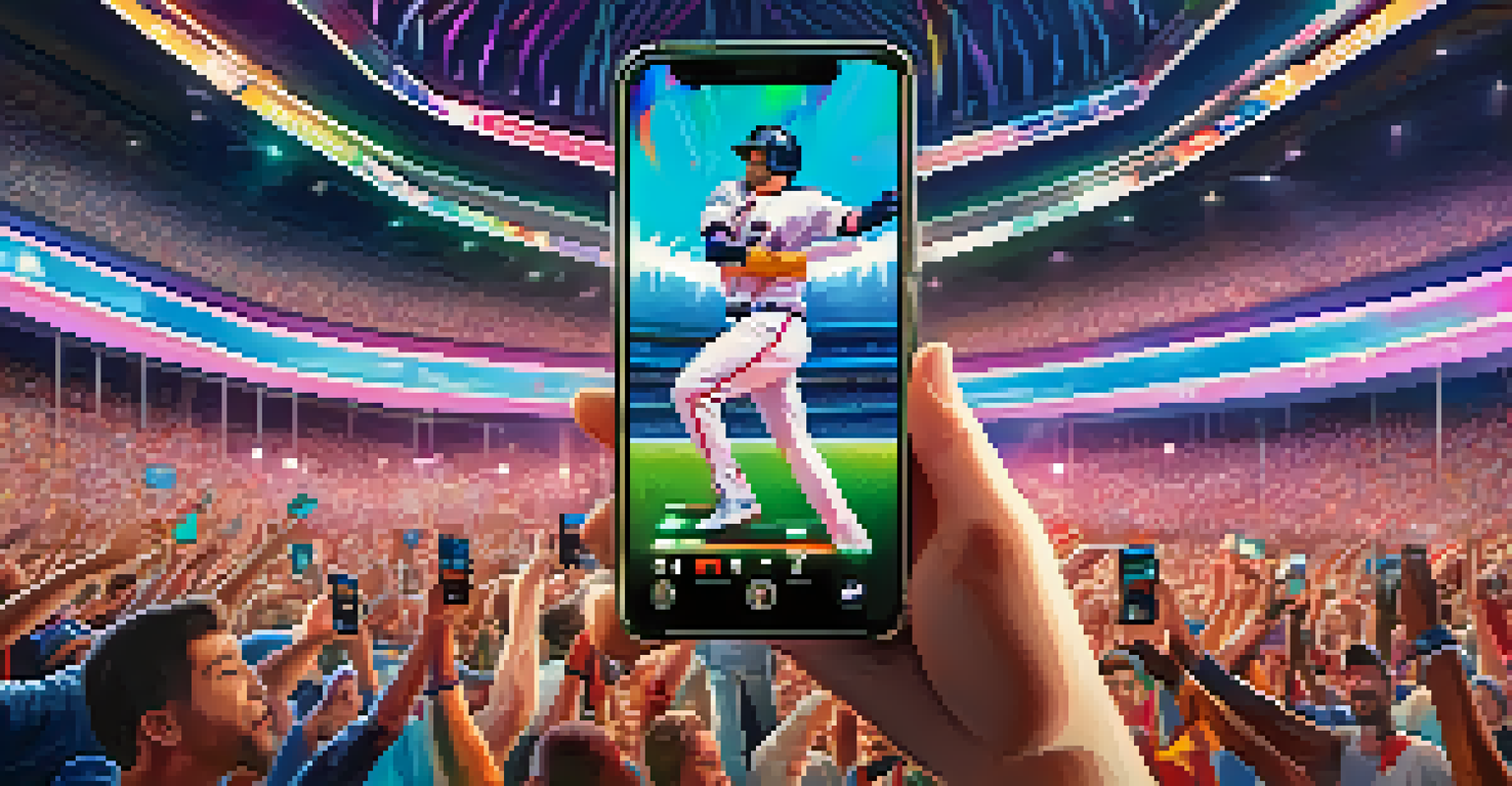 A fan using a smartphone to view a holographic NFT collectible of a game-winning moment, with a stadium cheering in the background.