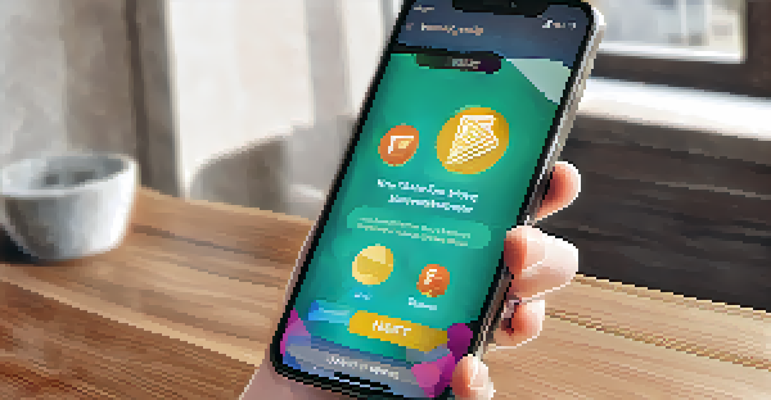 A mobile phone displaying an NFT marketplace app with bright graphics and large buttons.