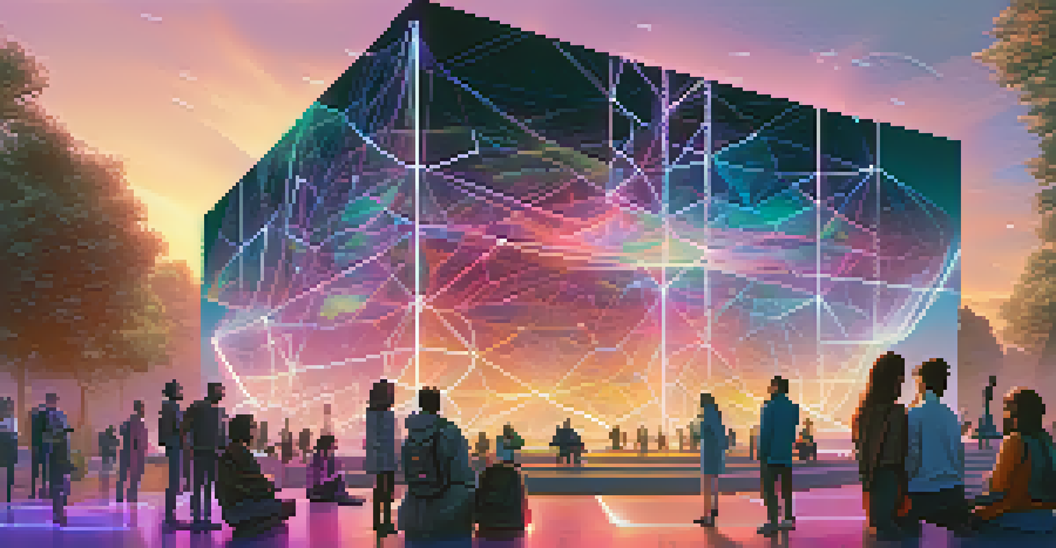 A futuristic landscape with a glowing blockchain structure and people interacting with holographic digital art displays.