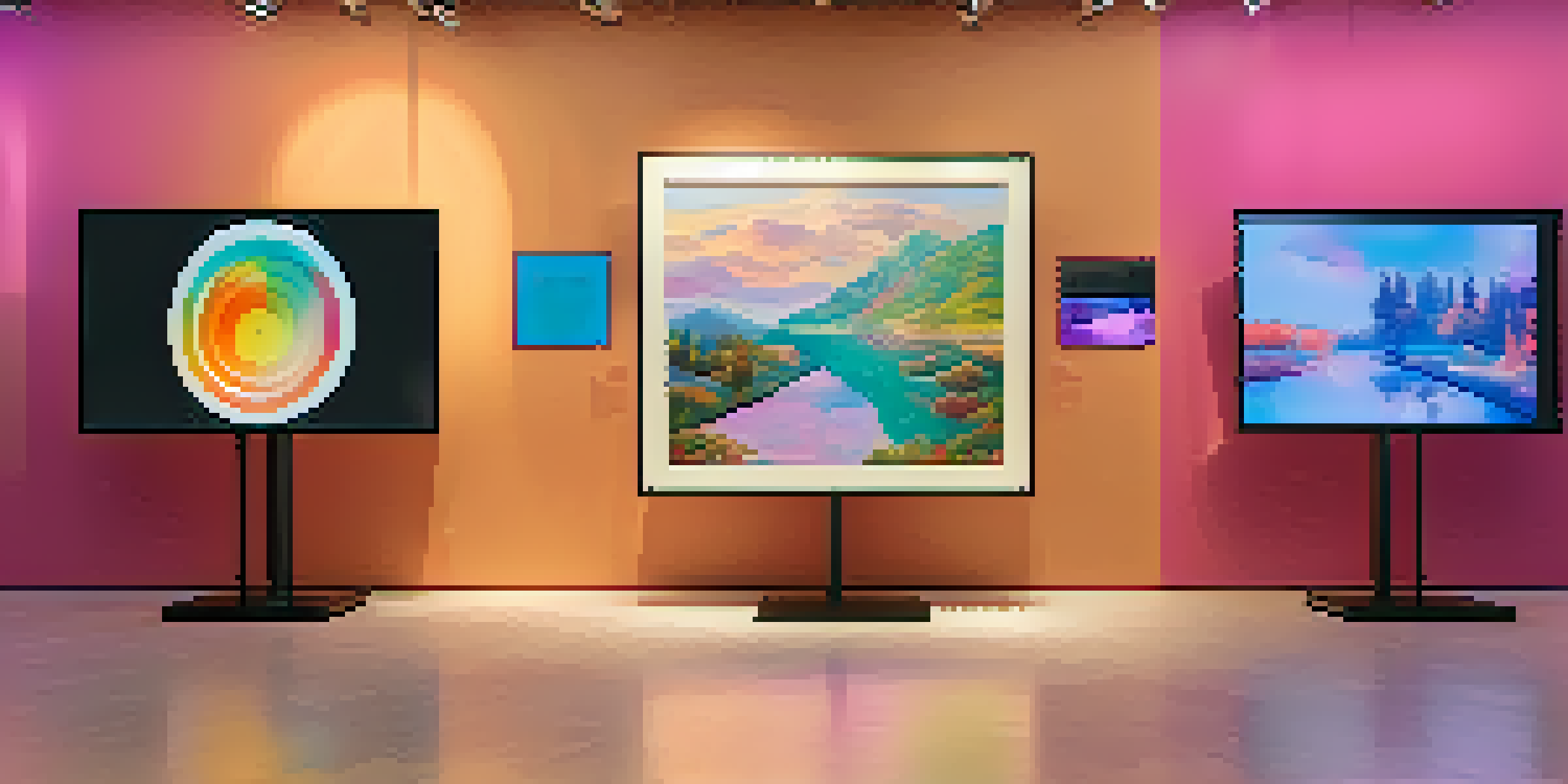 A digital art gallery filled with colorful NFTs displayed on screens, with portraits of diverse artists in the background, illuminated by warm lighting.