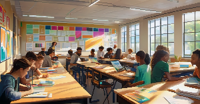 A lively classroom with diverse students collaborating on a project, showcasing digital devices displaying NFTs.