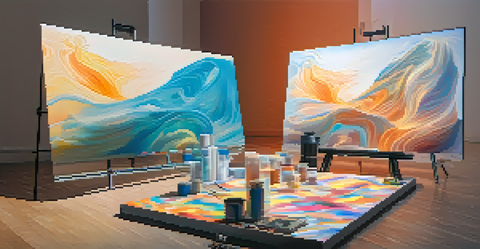 A split scene of a traditional artist painting and the same artwork displayed as a digital NFT on a tablet, connected by a colorful gradient.