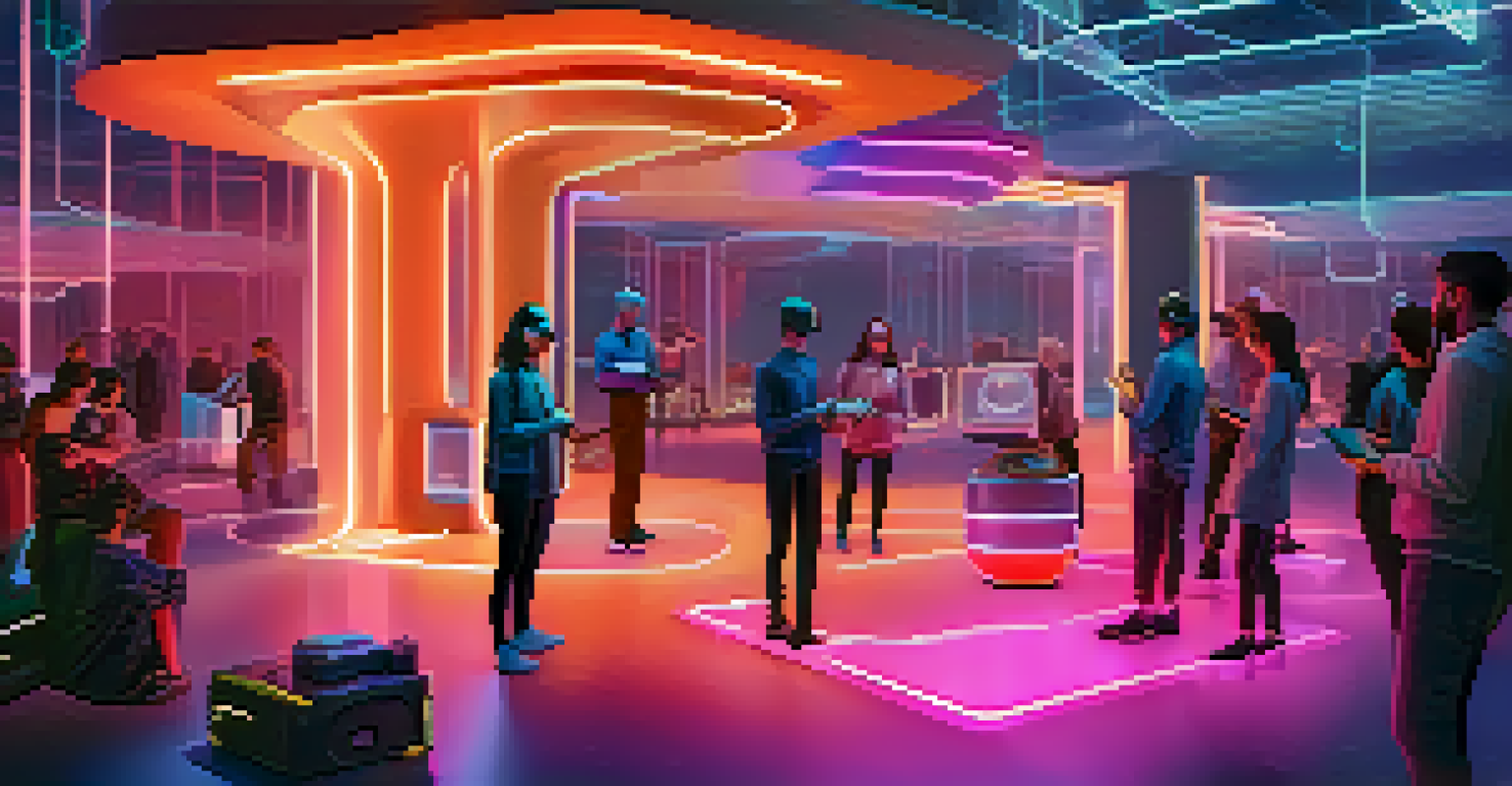 A futuristic virtual reality landscape with people interacting with glowing 3D digital assets.
