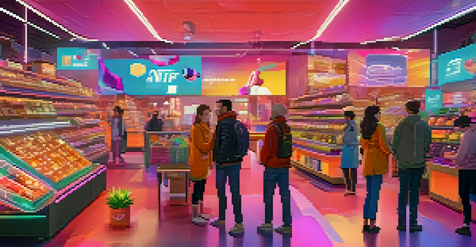 A bustling digital marketplace with colorful NFTs displayed, showing animated characters trading items in a vibrant atmosphere.