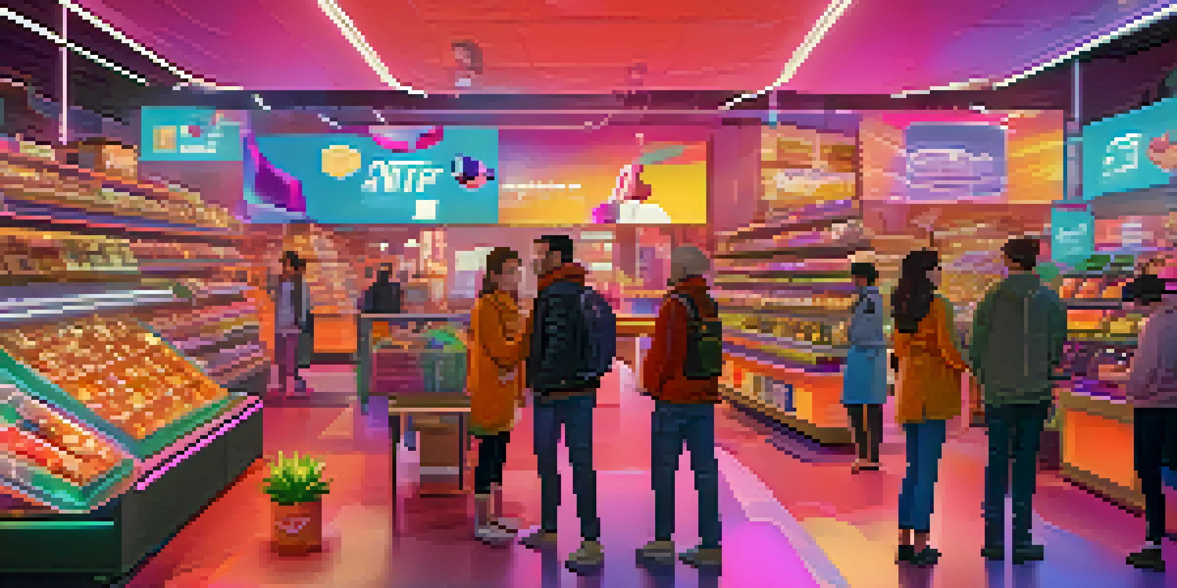 A bustling digital marketplace with colorful NFTs displayed, showing animated characters trading items in a vibrant atmosphere.