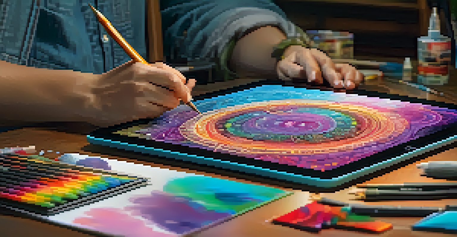 A digital artist working on a tablet, surrounded by sketches and tools, with a focused expression illuminated by the tablet's glow.