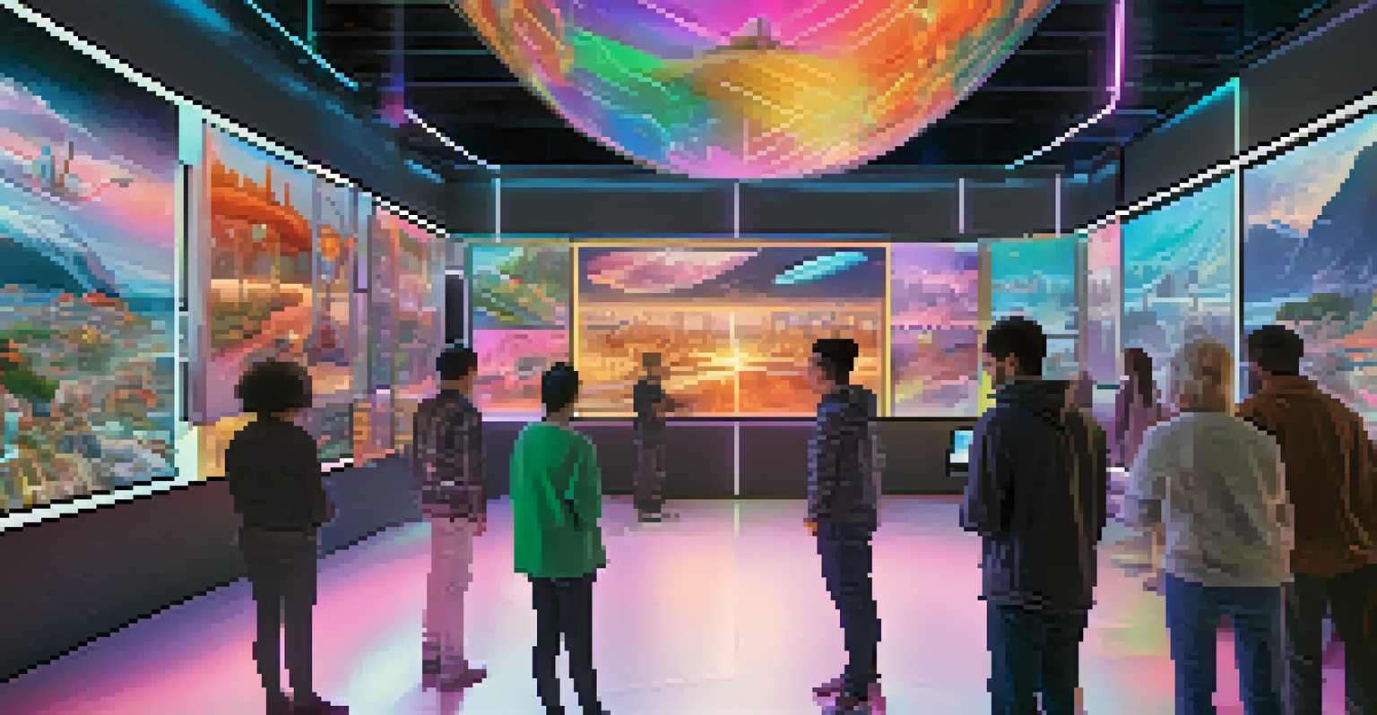 A virtual gathering of NFT collectors discussing and sharing digital art in a vibrant digital landscape.