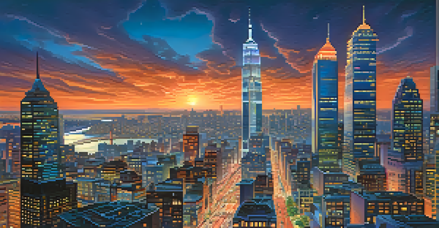 A city skyline at dusk with colorful lights and bustling streets.