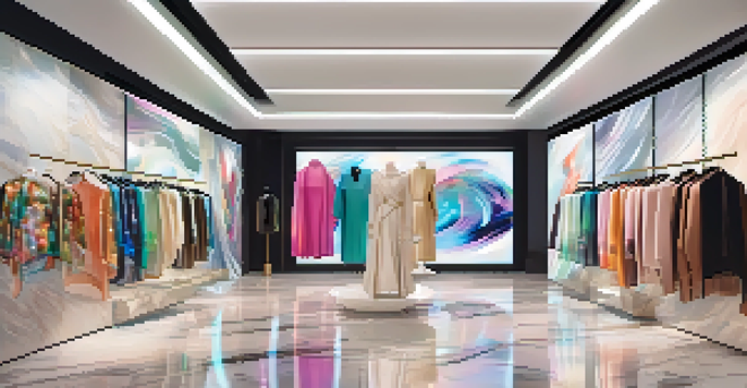 A modern fashion showroom with holographic digital garments and an elegant atmosphere.