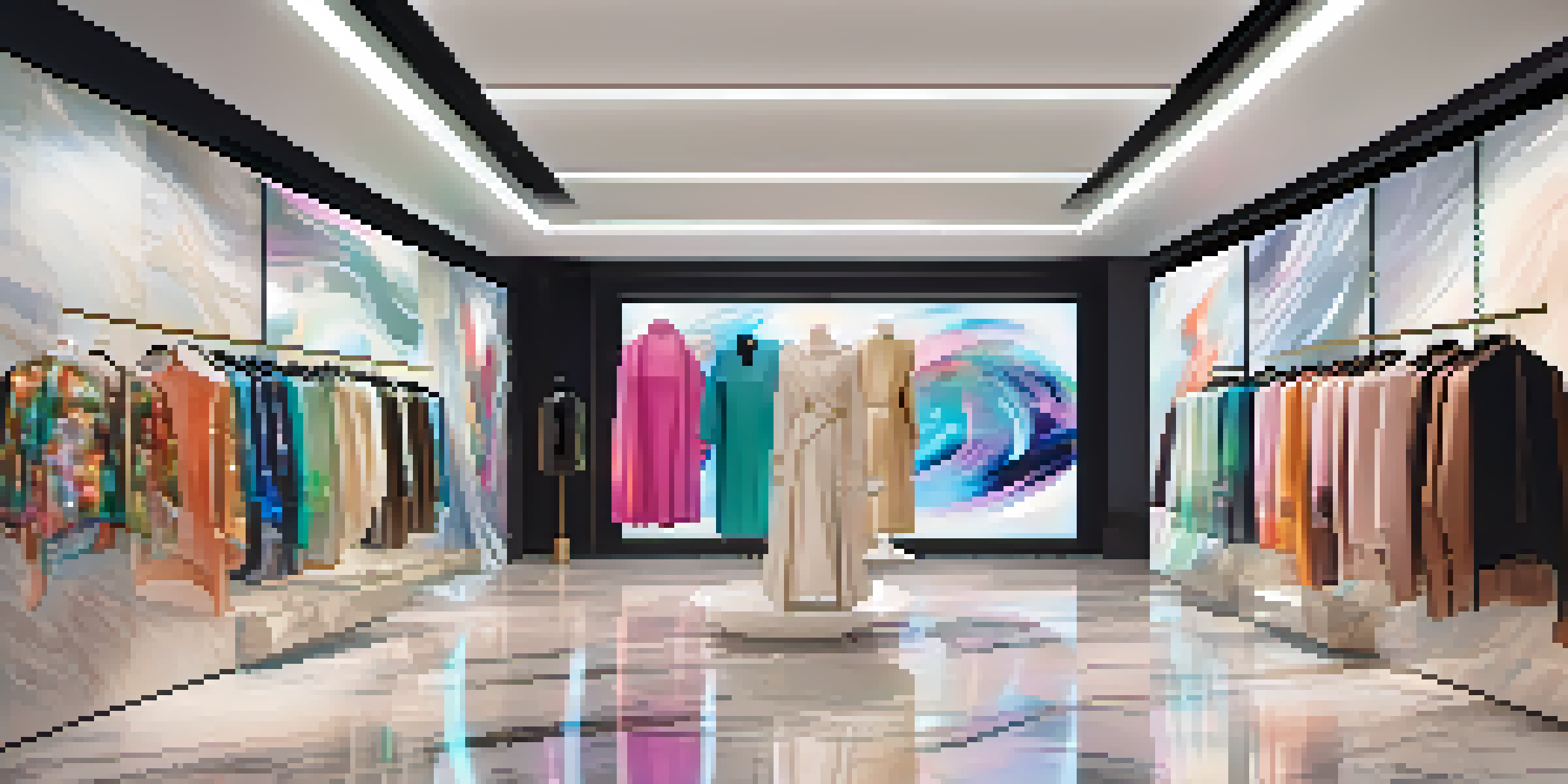A modern fashion showroom with holographic digital garments and an elegant atmosphere.