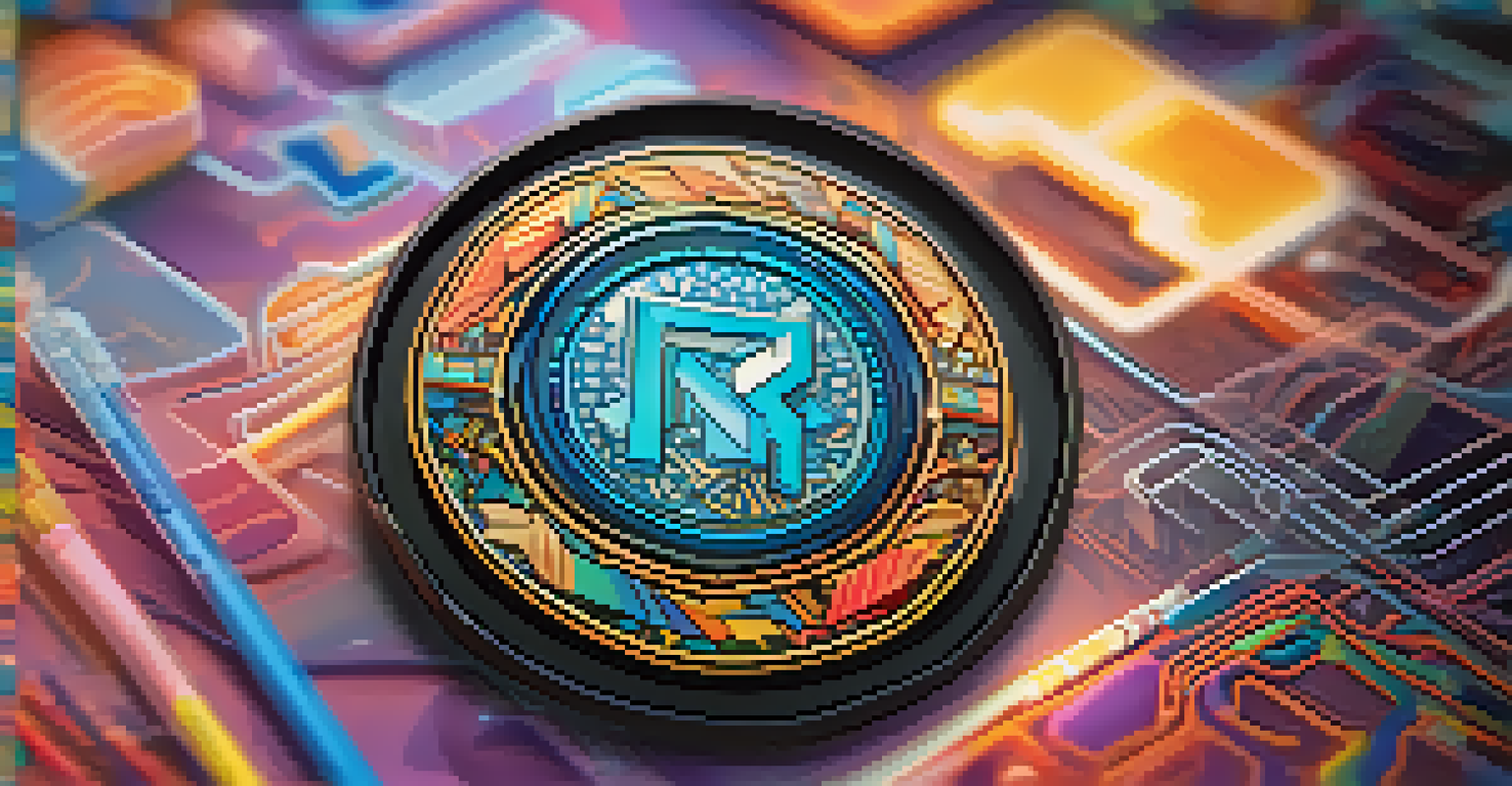 A shiny digital NFT badge symbolizing educational achievements, set against a blurred classroom background.