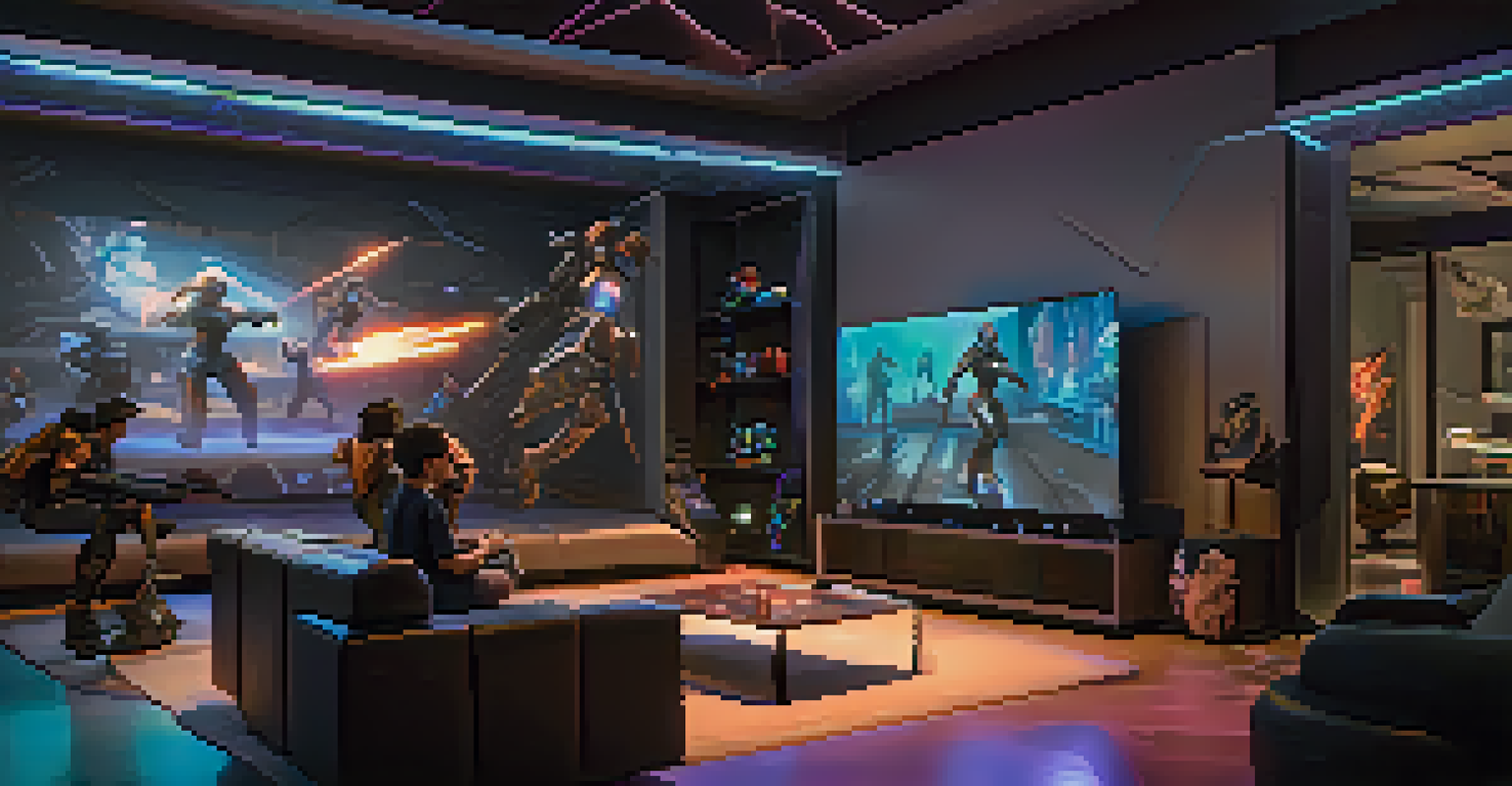 A modern living room setting turned into a futuristic battle arena with holographic characters and players engaged in AR gameplay.