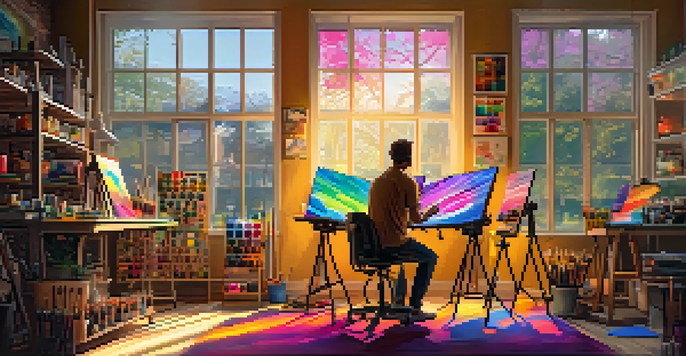 An artist in a colorful digital art studio creating NFT artwork with sunlight streaming in through the window.