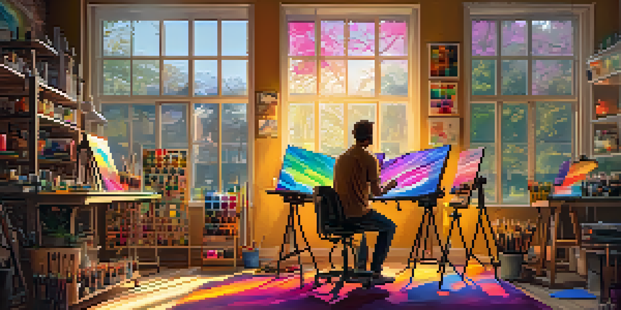 An artist in a colorful digital art studio creating NFT artwork with sunlight streaming in through the window.