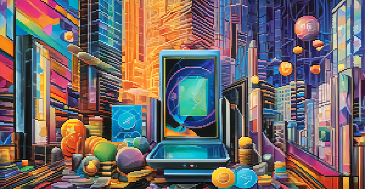 An abstract digital canvas featuring colorful tokens representing NFTs, with a blend of futuristic cityscapes and traditional art elements in the background.