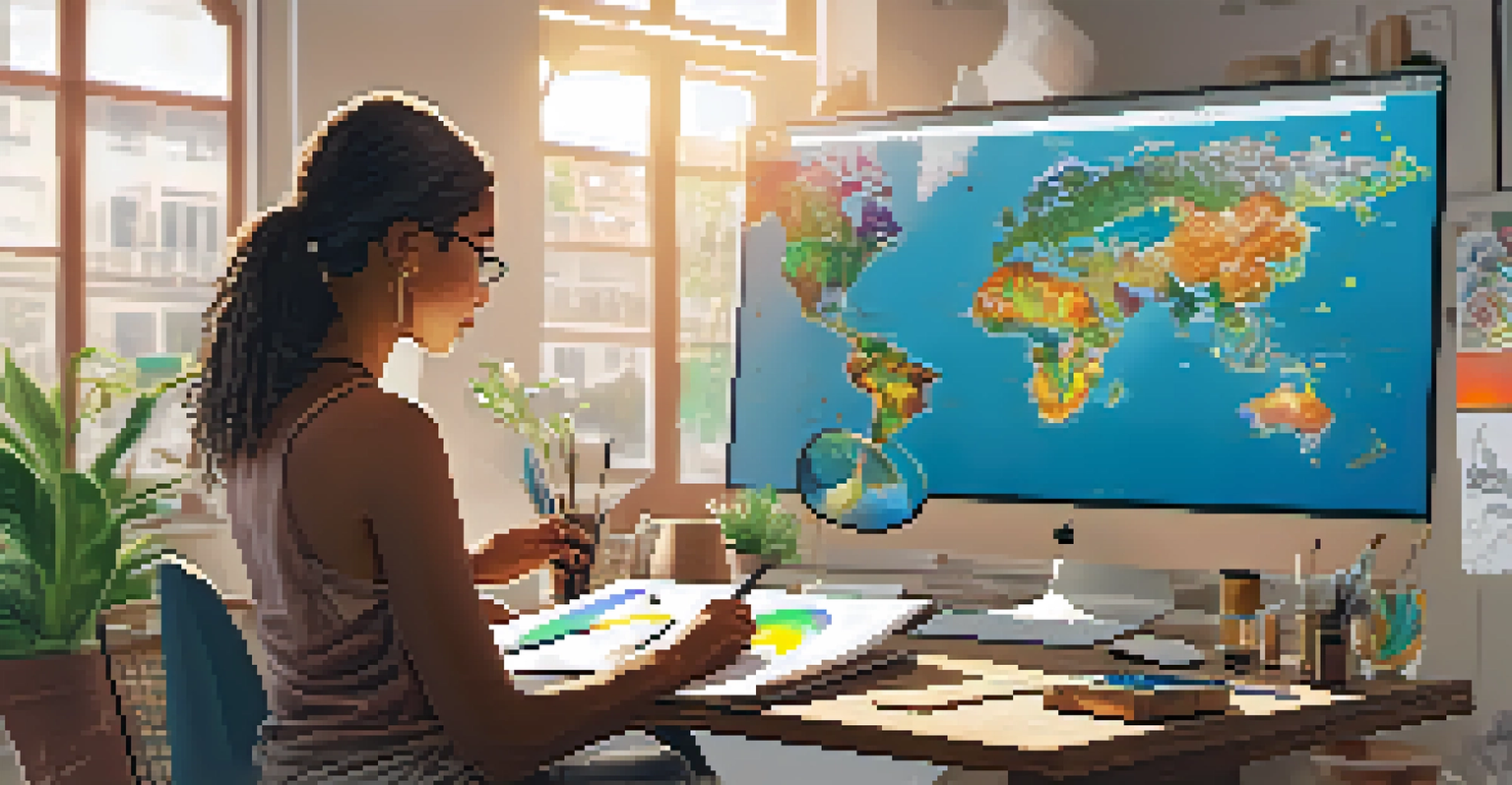 An artist creating digital art in a sunlit studio, showcasing an NFT artwork focused on environmental themes.