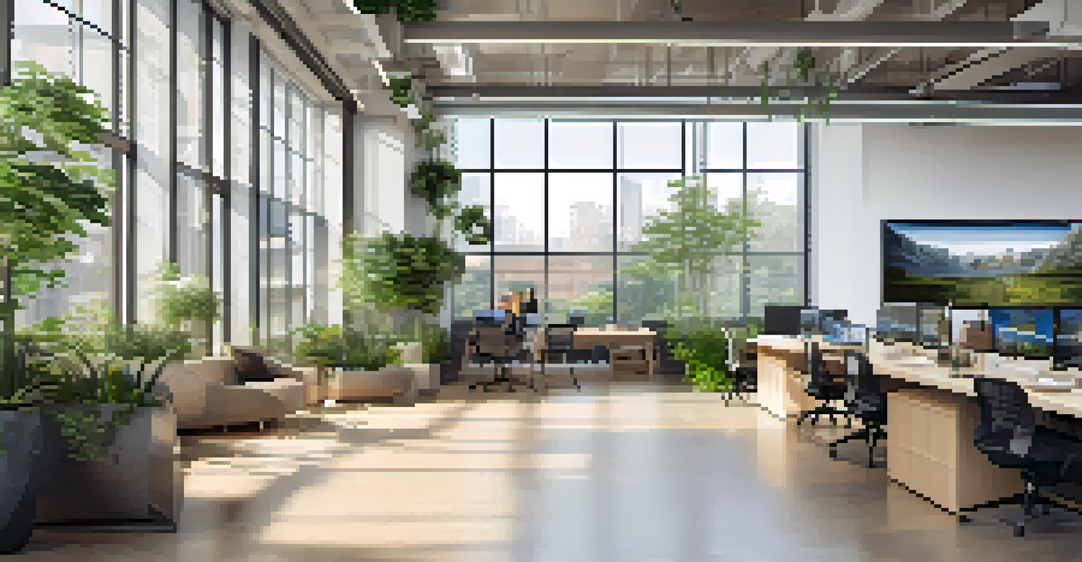 A collaborative workspace for architects and clients featuring a digital building design on large screens with natural lighting.