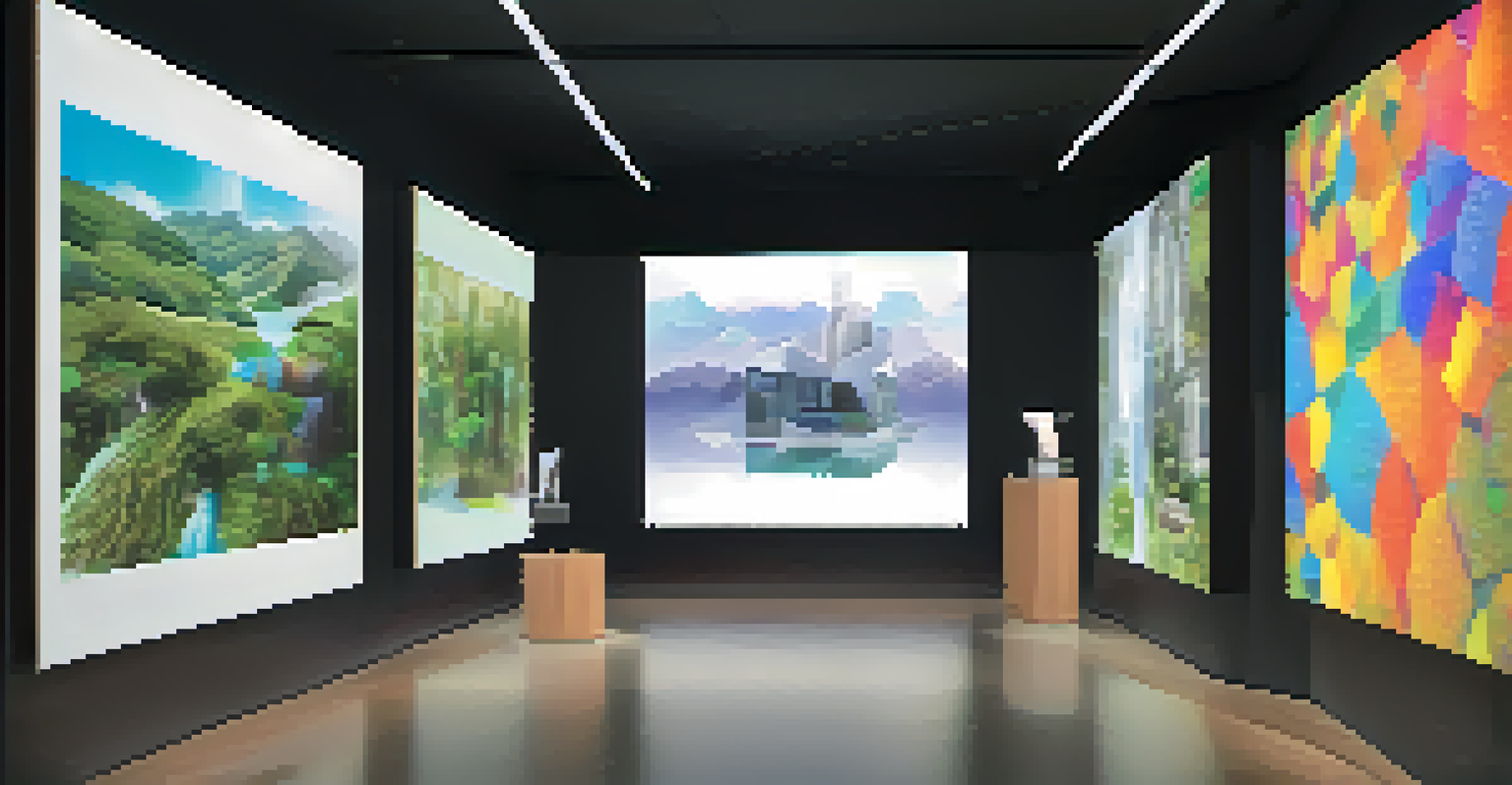 A digital gallery featuring eco-friendly architectural designs as NFTs, with interactive displays and soft lighting.