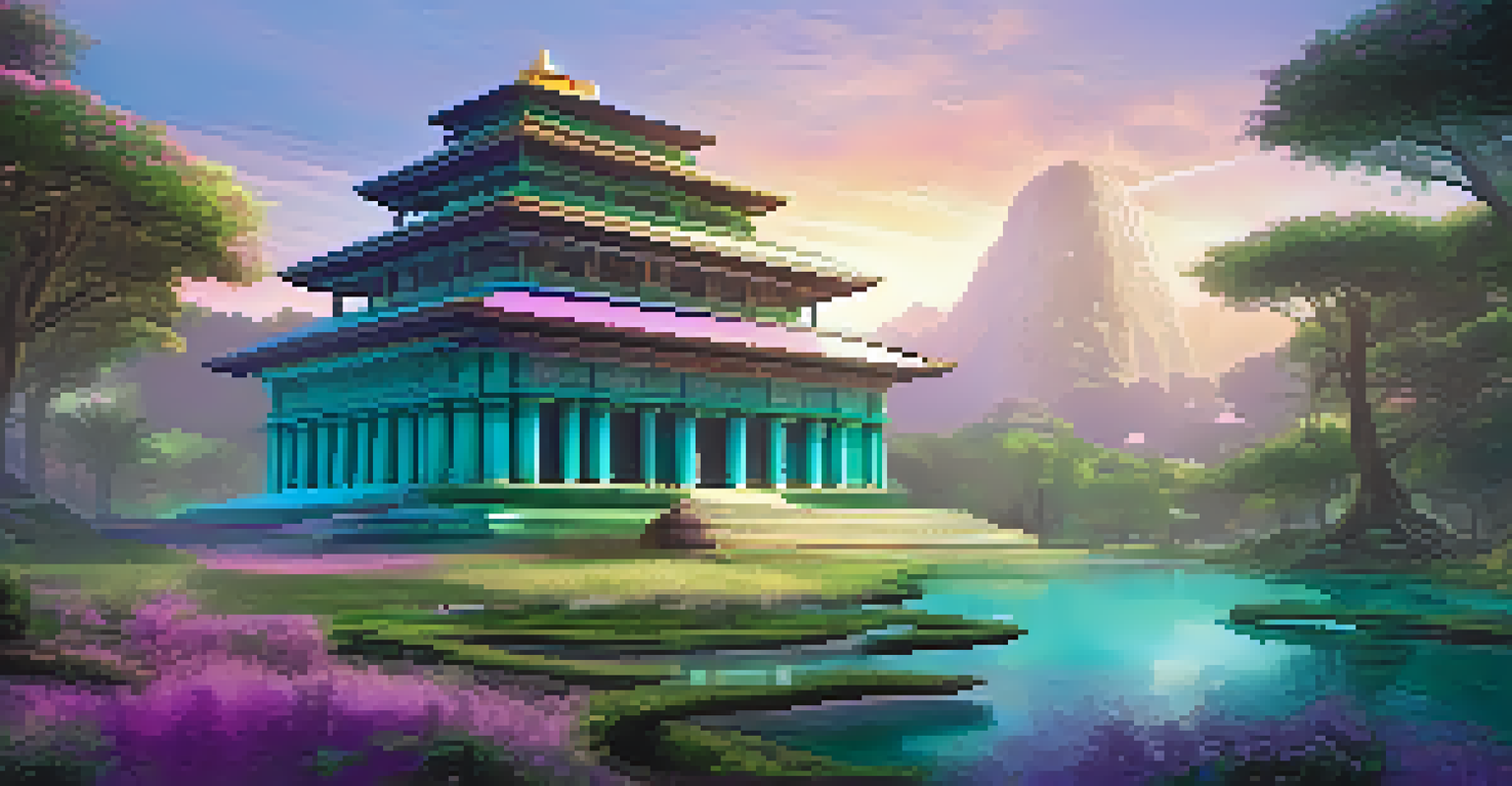 A historical temple surrounded by nature, enhanced by glowing augmented reality artifacts, showcasing a blend of past and future.