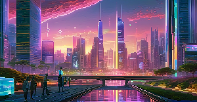 A futuristic city skyline at twilight with glowing NFT art installations and people interacting with holographic displays.