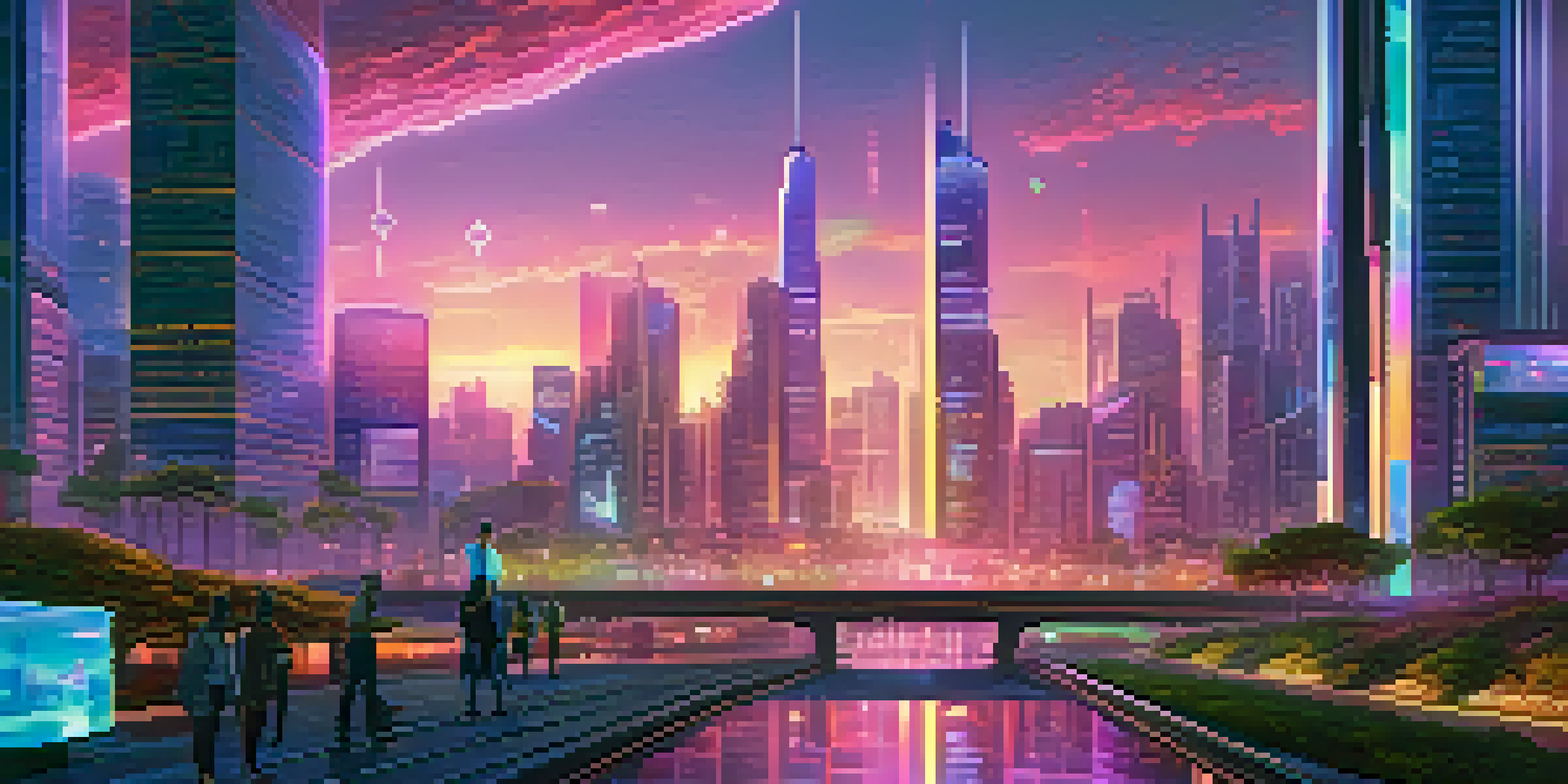 A futuristic city skyline at twilight with glowing NFT art installations and people interacting with holographic displays.