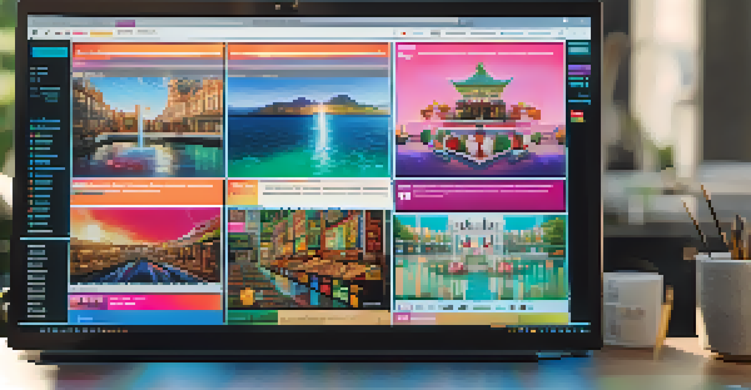 A computer screen showing an NFT marketplace with colorful digital art thumbnails and a user engaged in browsing.